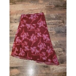 Wild Fable Burgundy Pink Floral Mesh Midi Skirt Asymmetrical Lettuce Hem Small